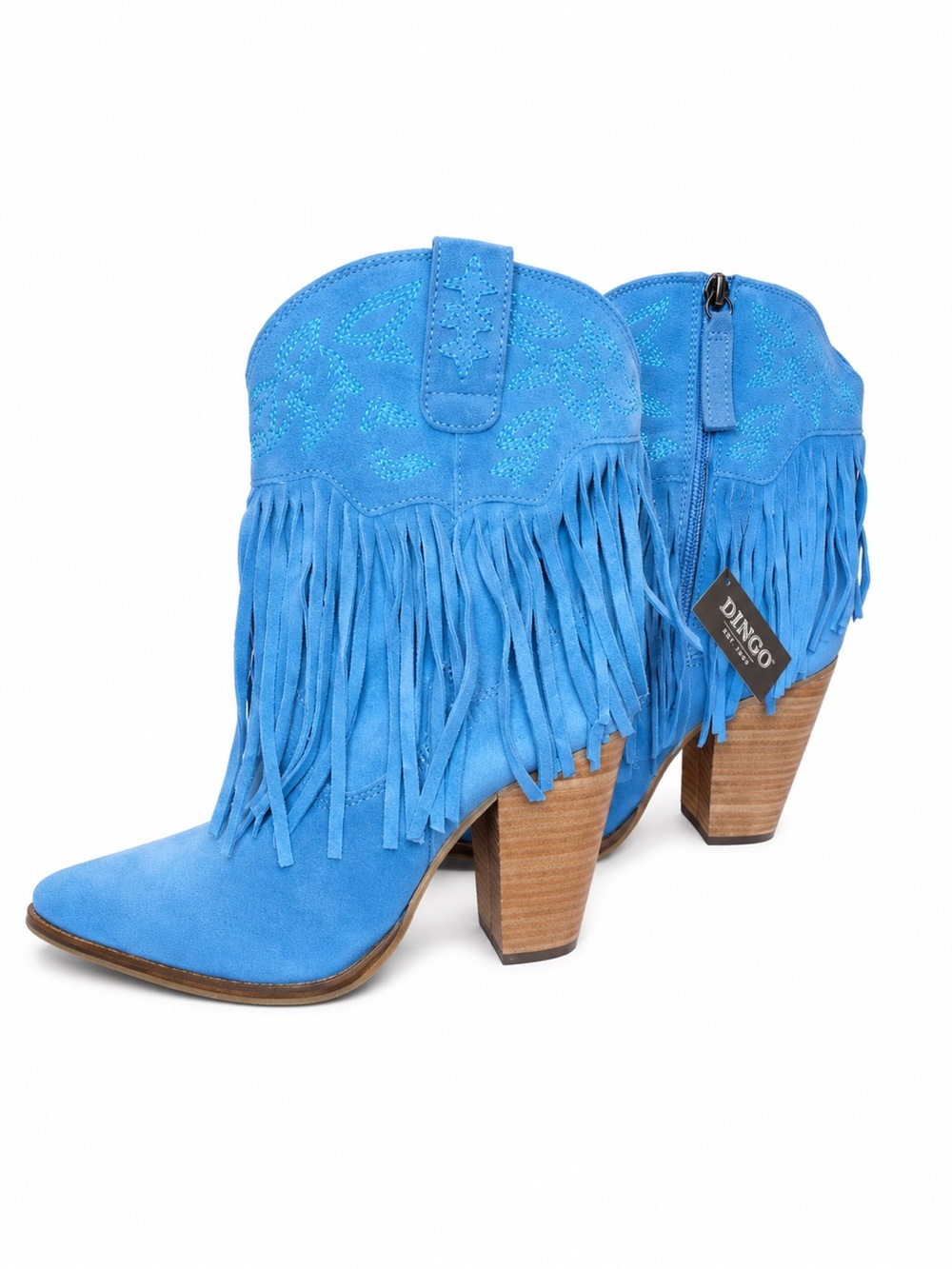 dingo Bright Blue Suede Fringe Western Ankle Boots
